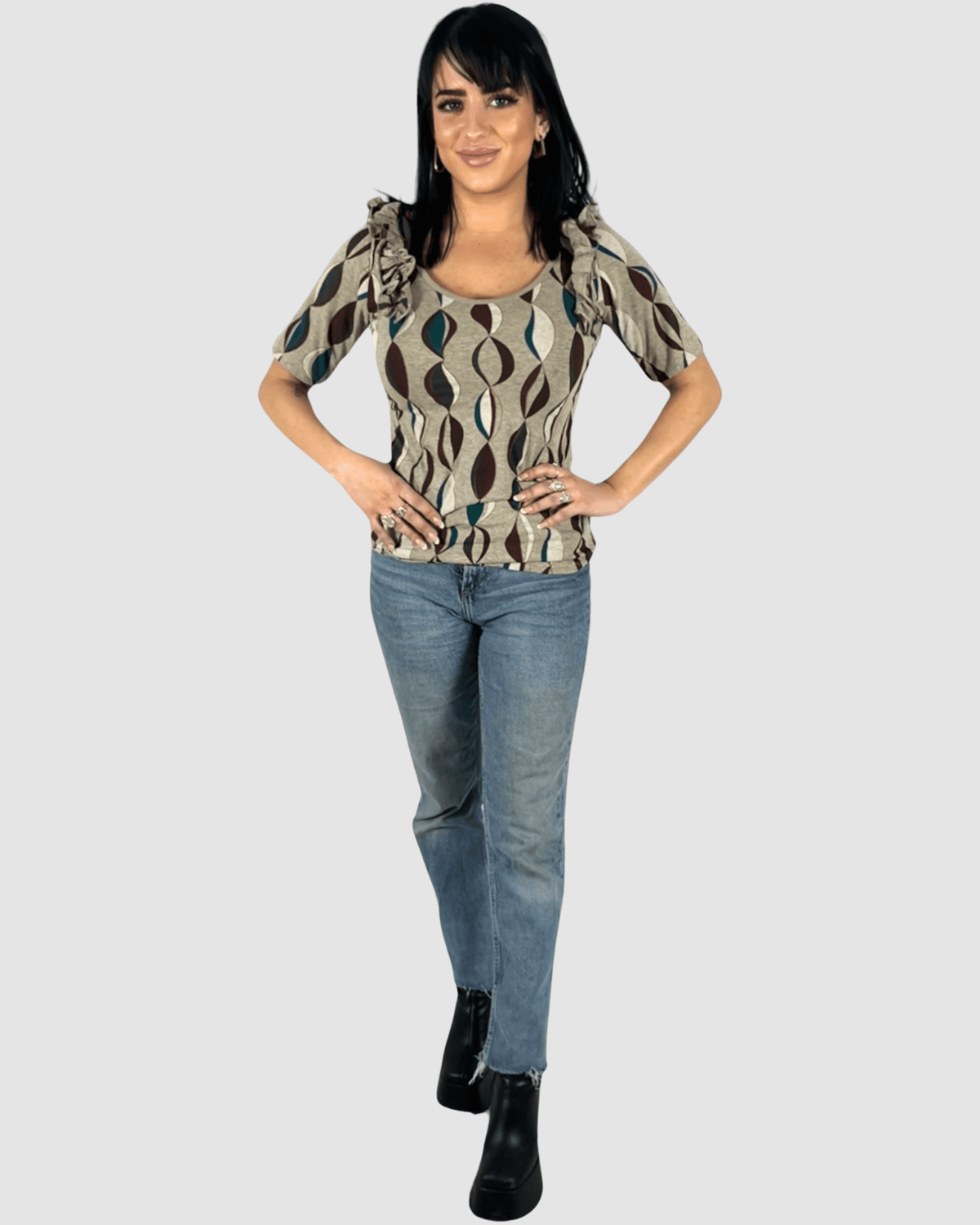 Blusa mujer manga corta volantes escote cuadrado blusa top estampado retro geométrico tejido suave ajuste favorecedor estilo moderno beige talla XS elegante casual ✅Entrega 24/48h