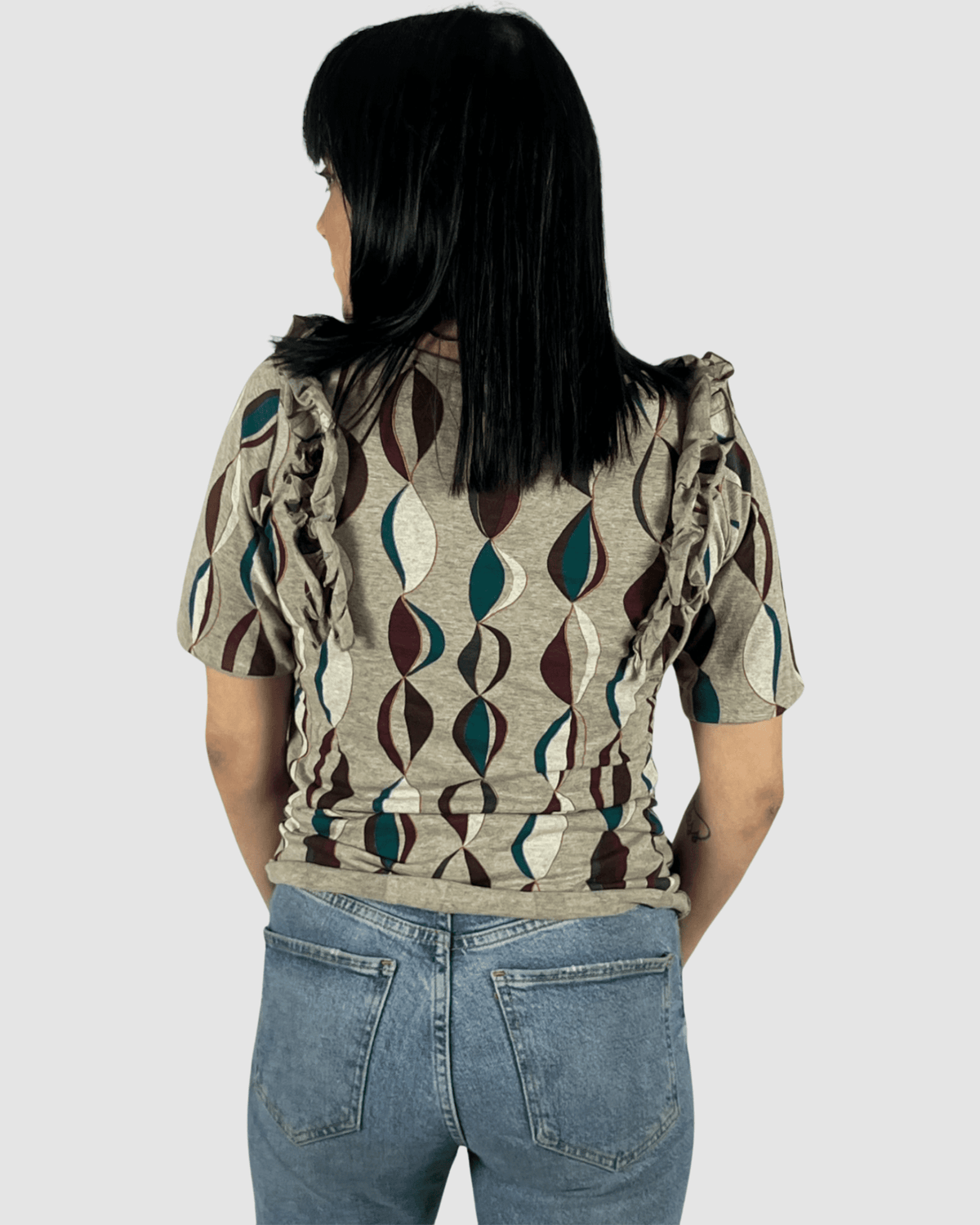 Blusa mujer manga corta volantes escote cuadrado blusa top estampado retro geométrico tejido suave ajuste favorecedor estilo moderno beige talla XS elegante casual ✅Entrega 24/48h