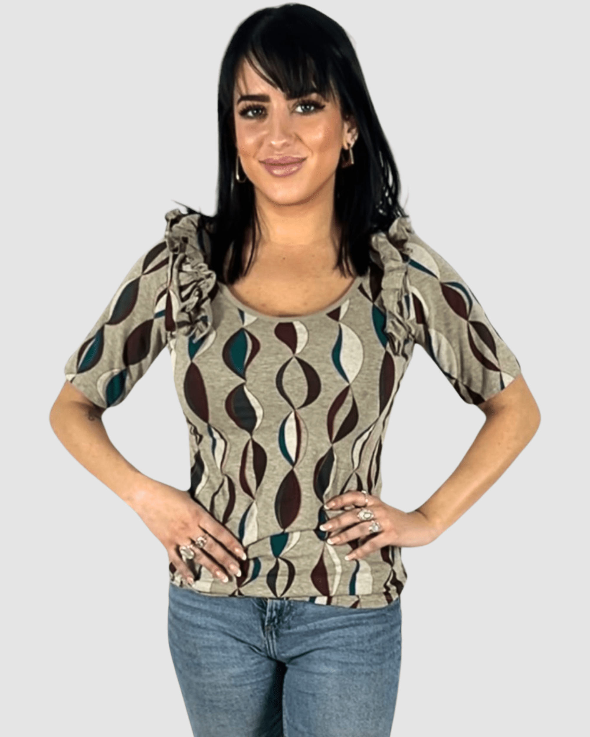 Blusa mujer manga corta volantes escote cuadrado blusa top estampado retro geométrico tejido suave ajuste favorecedor estilo moderno beige talla XS elegante casual ✅Entrega 24/48h