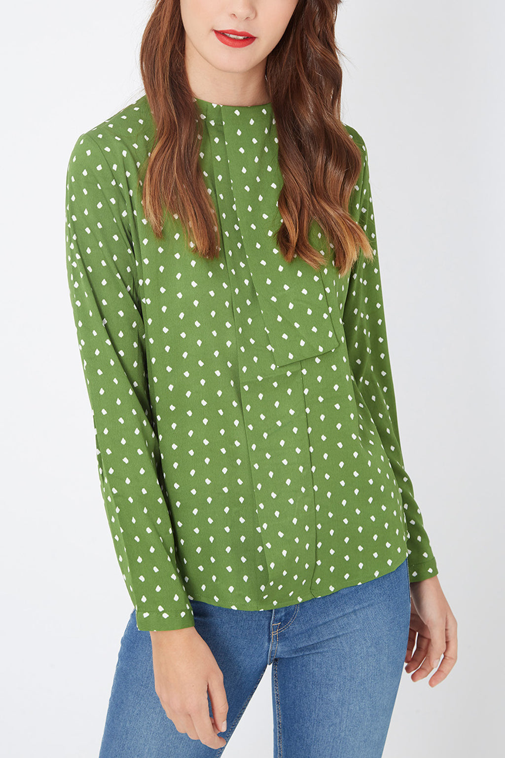 Blusa mujer fluida, shirt polka dots, diseño print, manga larga, lazo decorativo cuello redondo, elegante, versátil, cierre botón, cómoda, talla L, color verde, ideal oficina casual outfits ✅Entrega 24/48h