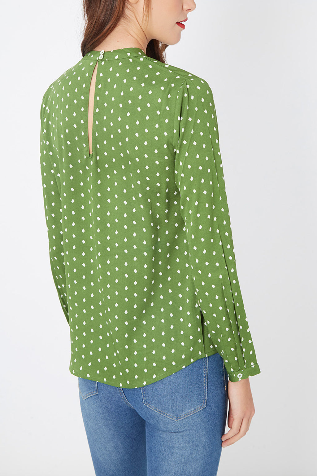 Blusa mujer fluida, shirt polka dots, diseño print, manga larga, lazo decorativo cuello redondo, elegante, versátil, cierre botón, cómoda, talla L, color verde, ideal oficina casual outfits ✅Entrega 24/48h