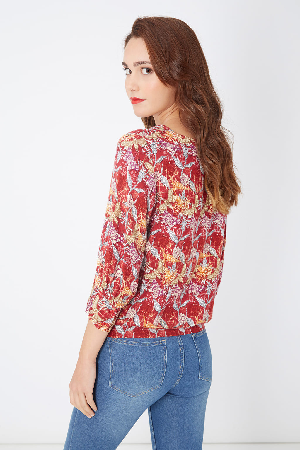 Blusa mujer, camisa, top estampada floral poliéster, manga larga, cuello redondo, lágrima trasera, ajuste cómodo, moda casual elegante, talla L, ideal outfits diarios – Rojo ✅Entrega 24/48h