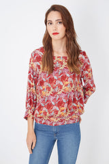 Blusa mujer, camisa, top estampada floral poliéster, manga larga, cuello redondo, lágrima trasera, ajuste cómodo, moda casual elegante, talla L, ideal outfits diarios – Rojo ✅Entrega 24/48h
