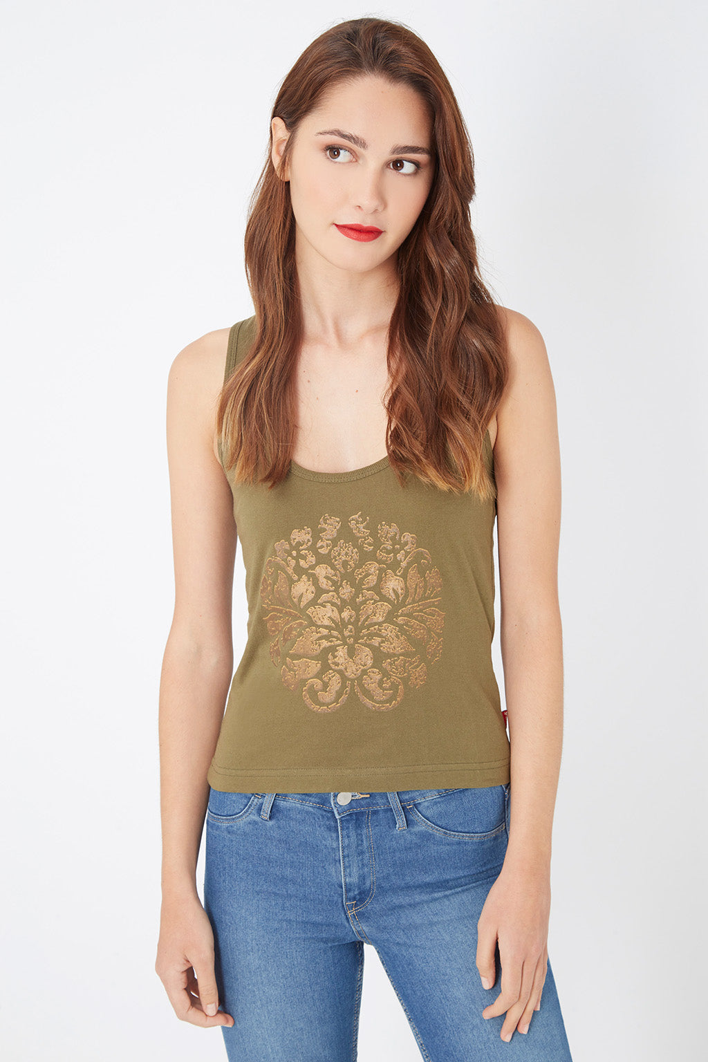Camiseta sin mangas mujer, top tirantes, estampado floral metálico, algodón suave, corte regular, estilo casual, color verde, talla L, look urbano, cómodo, versátil, sofisticado, ideal verano ✅Entrega 24/48h