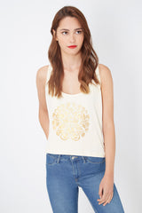 Top tirantes mujer, camiseta sin mangas, algodón suave, diseño estampado dorado, estilo casual, corte regular, color beige, talla XL cómoda, look ideal primavera-verano, versátil y fresco ✅Entrega 24/48h