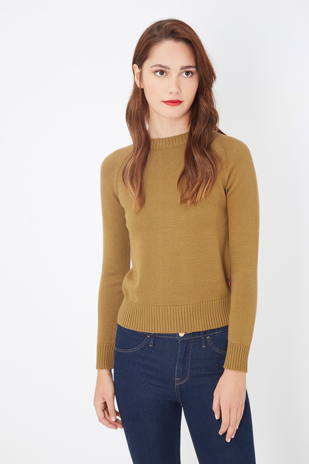 Jersey mujer algodón, sweater, suéter punto fino, manga larga, diseño liso, cuello redondo, acabado canalé, color mostaza, cómodo y versátil, talla M, ideal look casual trabajo diario ✅Entrega 24/48h