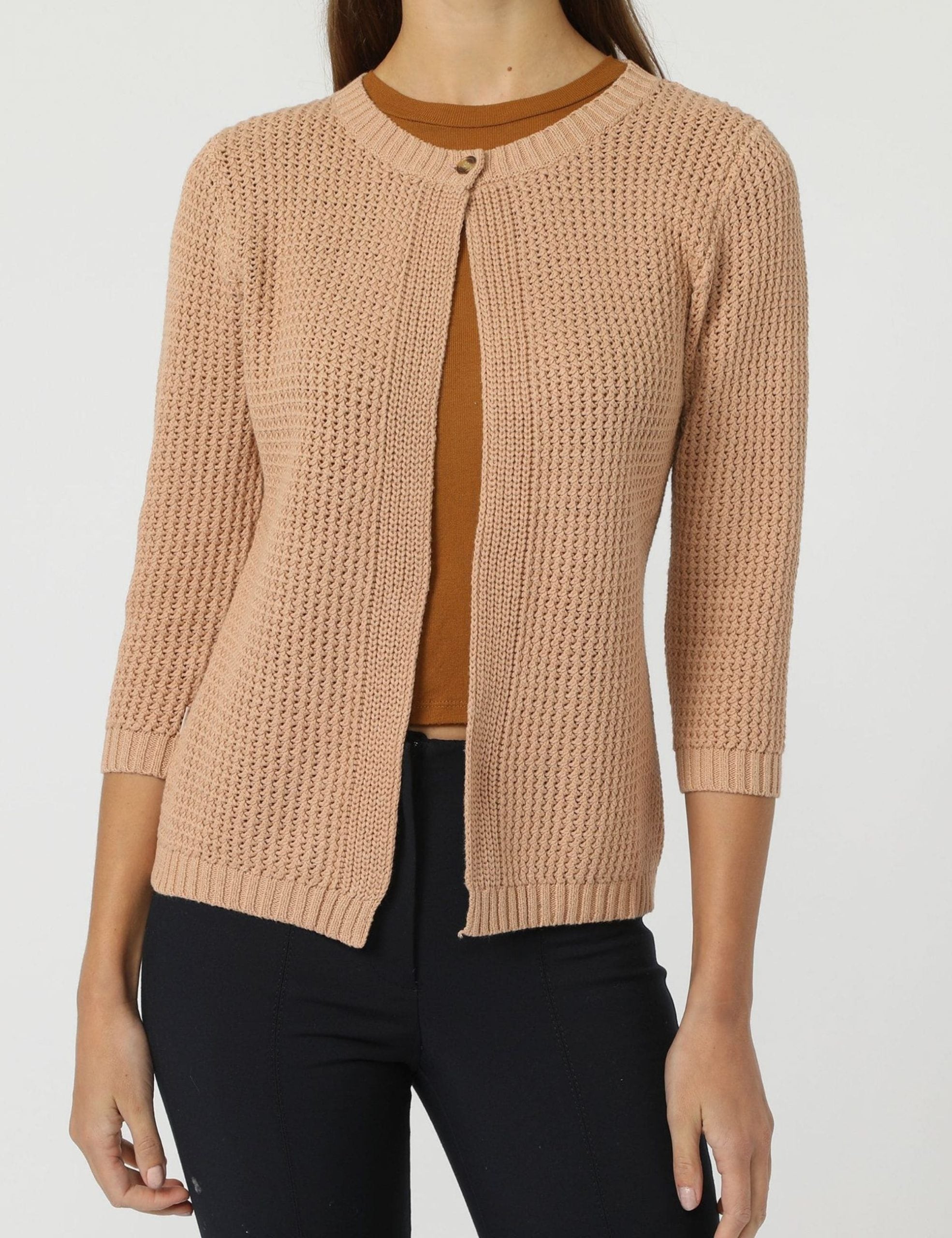 Cárdigan punto mujer sweater chaqueta ligera manga tres cuartos beige talla L casual elegante cómodo suave tejido versátil oficina salidas combina blusa jeans ✅Entrega 24/48h