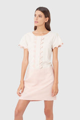 Vestido mujer ramio dress outfit elegante cuello redondo manga corta forro integrado botones cremallera rosa claro talla 38 cómodo estilo casual versátil ✅Entrega 24/48h