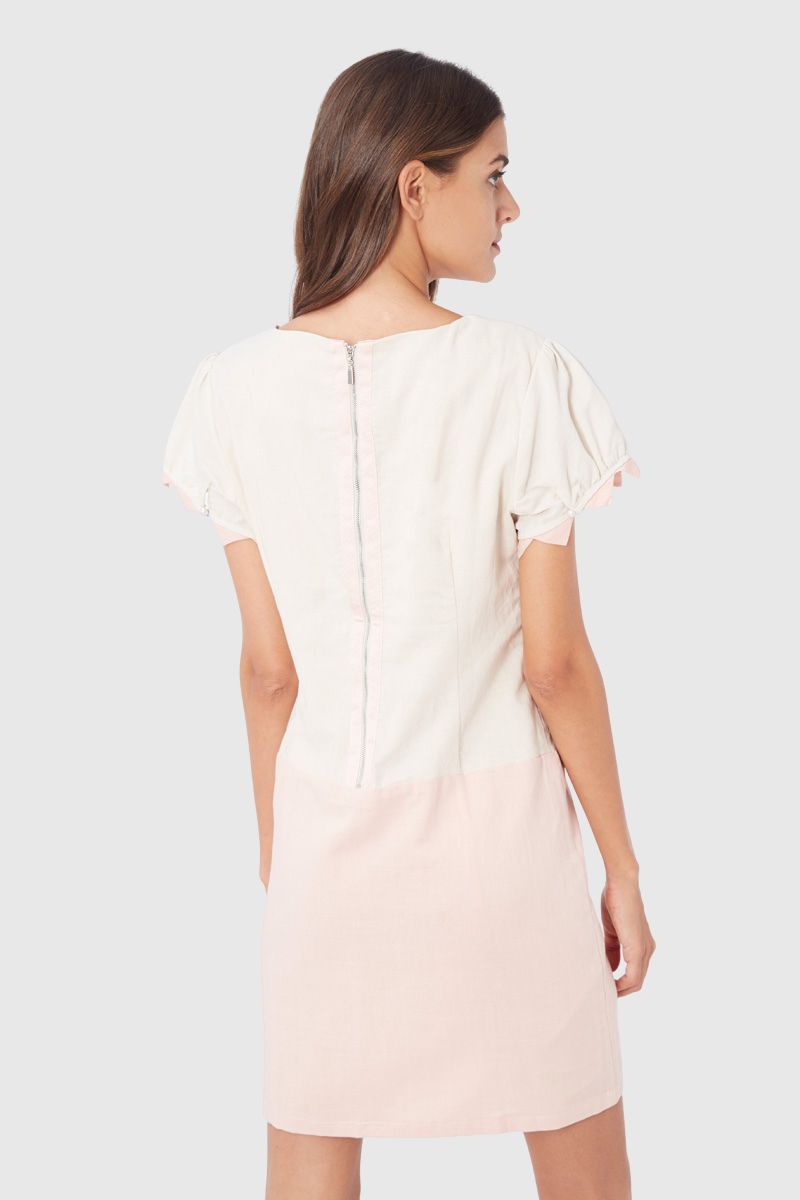 Vestido mujer ramio dress outfit elegante cuello redondo manga corta forro integrado botones cremallera rosa claro talla 38 cómodo estilo casual versátil ✅Entrega 24/48h