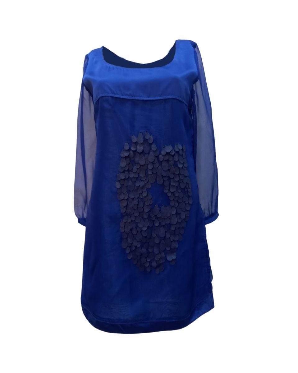 Vestido fluido mujer, dress estilo acampanado doble capa, manga larga semitransparente, cuello redondo, pétalos en relieve frontal, cómodo, elegante, talla 38, azul intenso ✅Entrega 24/48h