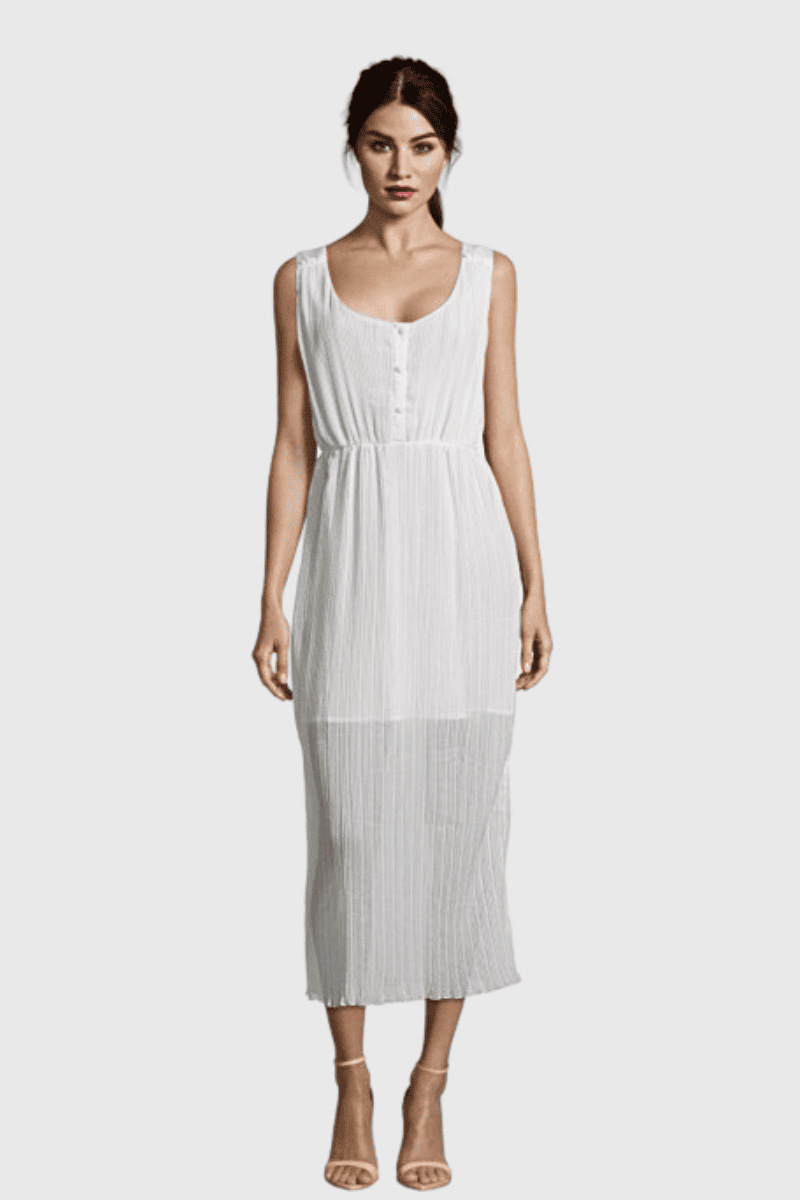 Vestido largo mujer sin mangas, estilo elegante, botones frontales, plisado, escote redondo, tejido ligero, cómodo, ideal eventos, urbano, disponible en talla 38, color blanco, versátil, fácil de combinar ✅Entrega 24/48h