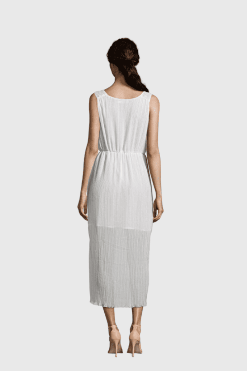 Vestido largo mujer sin mangas, estilo elegante, botones frontales, plisado, escote redondo, tejido ligero, cómodo, ideal eventos, urbano, disponible en talla 38, color blanco, versátil, fácil de combinar ✅Entrega 24/48h