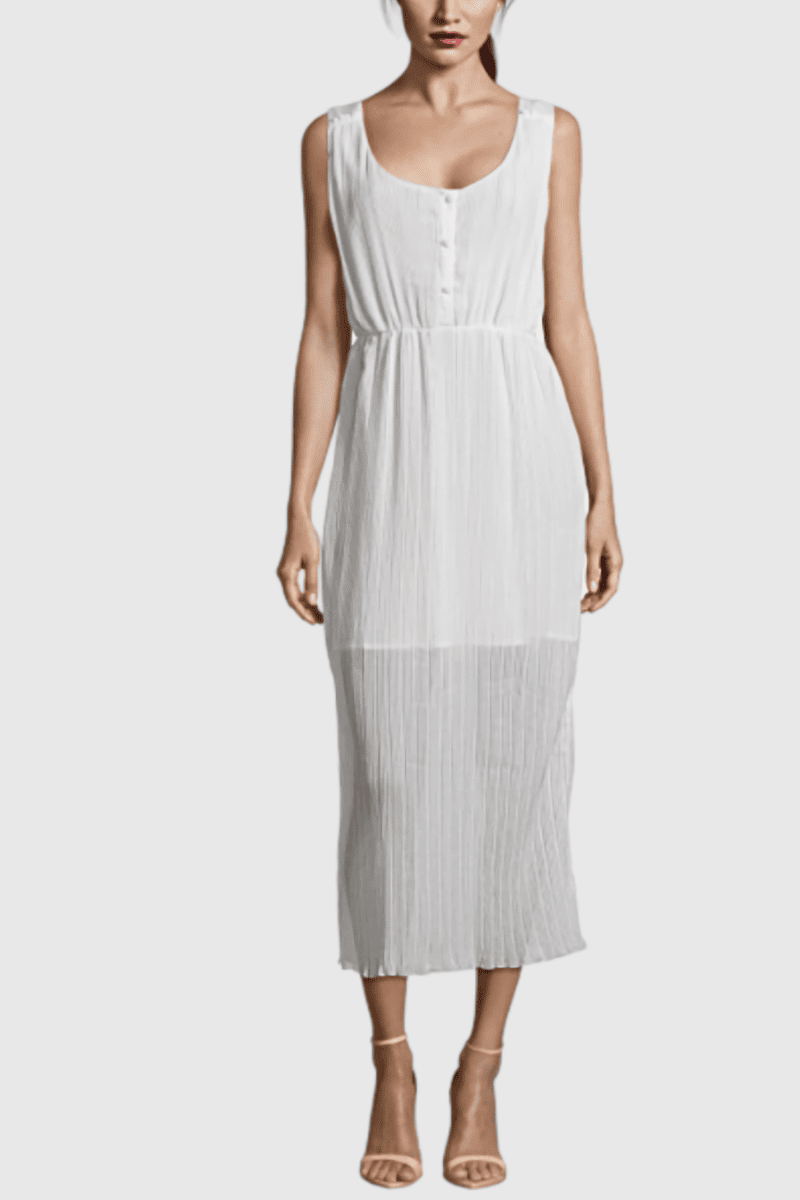 Vestido largo mujer sin mangas, estilo elegante, botones frontales, plisado, escote redondo, tejido ligero, cómodo, ideal eventos, urbano, disponible en talla 38, color blanco, versátil, fácil de combinar ✅Entrega 24/48h