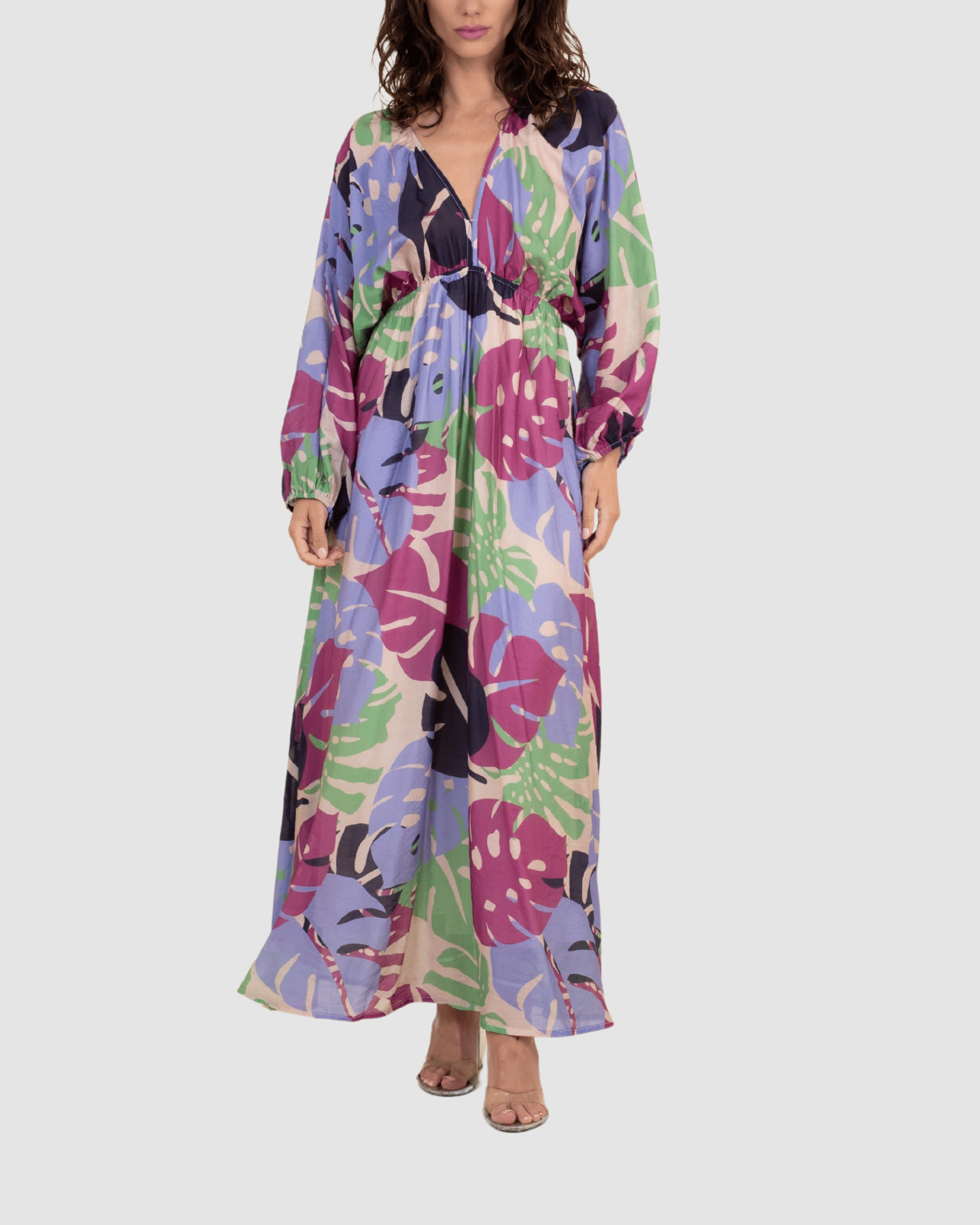 Vestido largo mujer dress outfit estampado tropical escote V espalda abierta poliéster corte fluido cintura elástica manga larga multicolor talla única cómodo y versátil ✅Entrega 24/48h