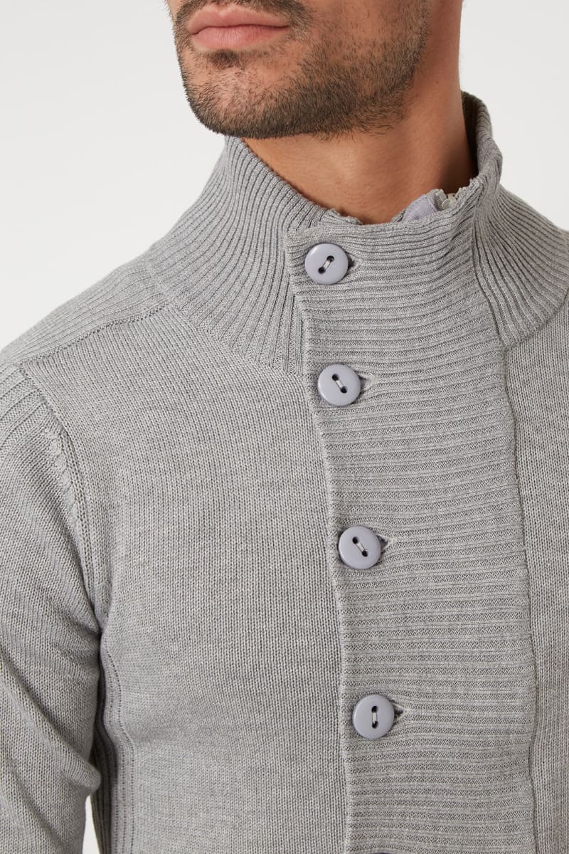 Suéter Mujer Tejido Chaqueta Cardigan Botones Laterales Pull Cárdigan Cuello Alto Algodón Suave Moderno Abrigado Gris Talla L Elegante Versátil Casual Oficina Look Diario ✅Entrega 24/48h