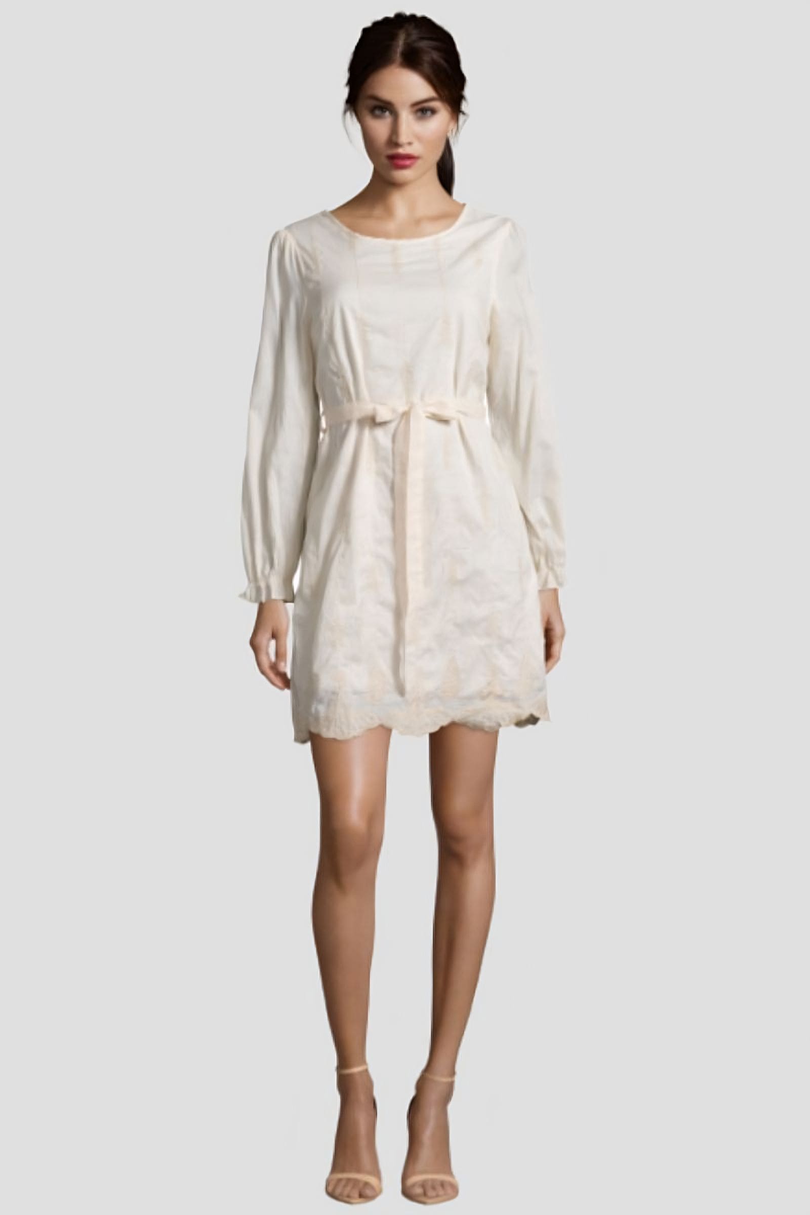 Vestido corto mujer, dress elegante, diseño bordado, manga larga, cintura ajustada con cinturón desmontable, cuello redondo, forro interior, estilo femenino, color beige, talla S, cómodo y versátil ✅Entrega 24/48h