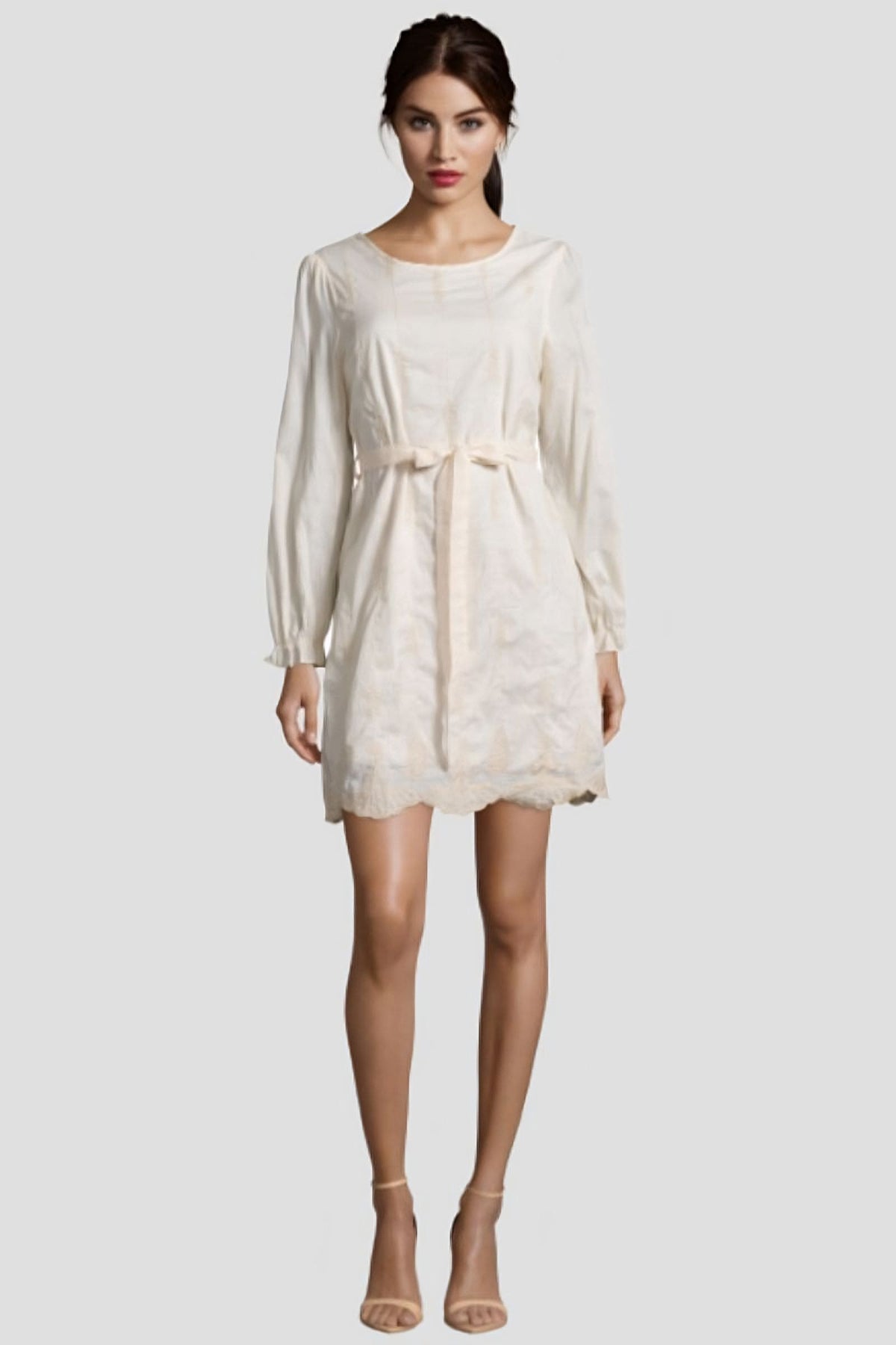 Vestido corto mujer, dress elegante, diseño bordado, manga larga, cintura ajustada con cinturón desmontable, cuello redondo, forro interior, estilo femenino, color beige, talla S, cómodo y versátil ✅Entrega 24/48h