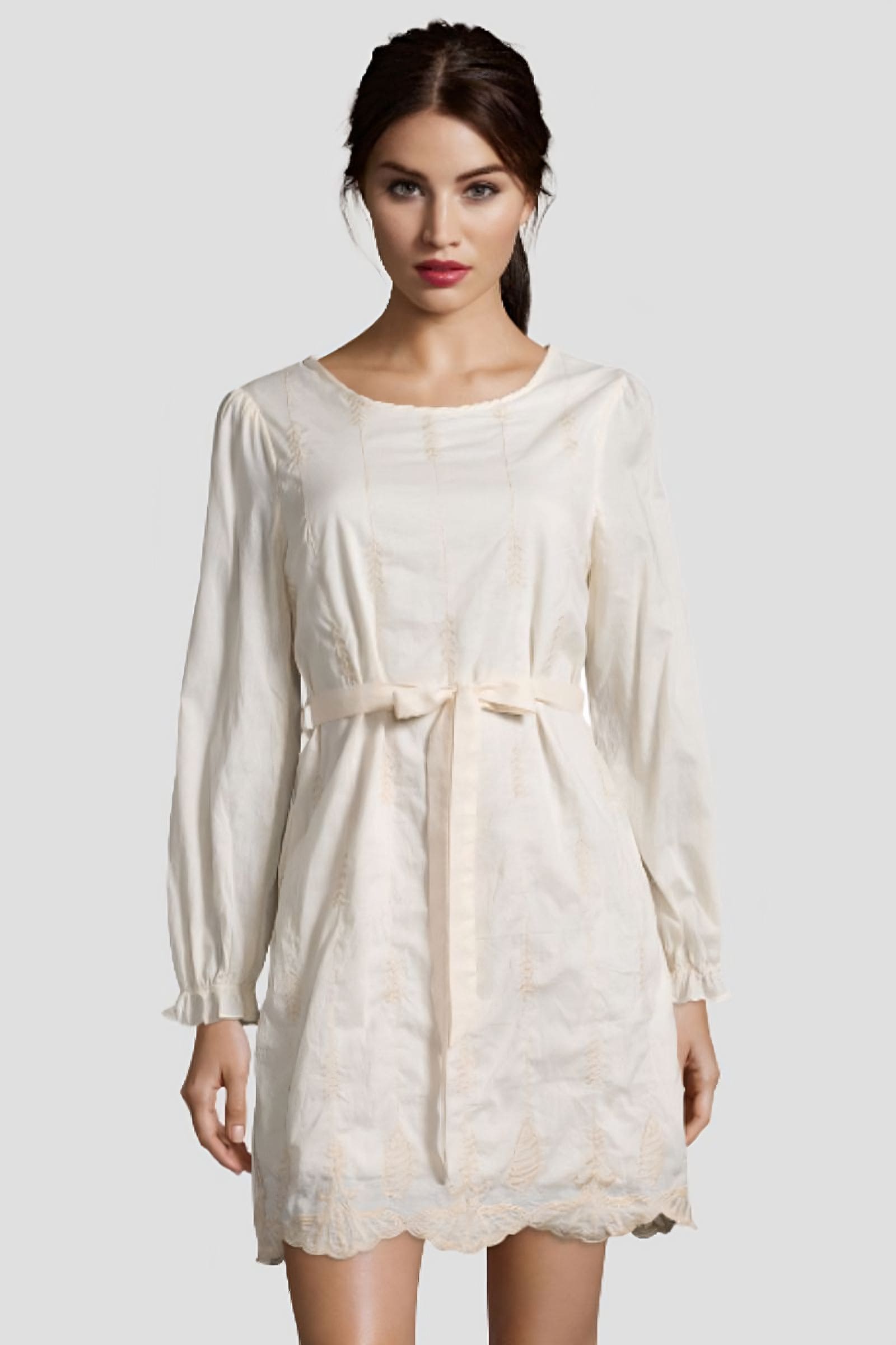 Vestido corto mujer, dress elegante, diseño bordado, manga larga, cintura ajustada con cinturón desmontable, cuello redondo, forro interior, estilo femenino, color beige, talla S, cómodo y versátil ✅Entrega 24/48h