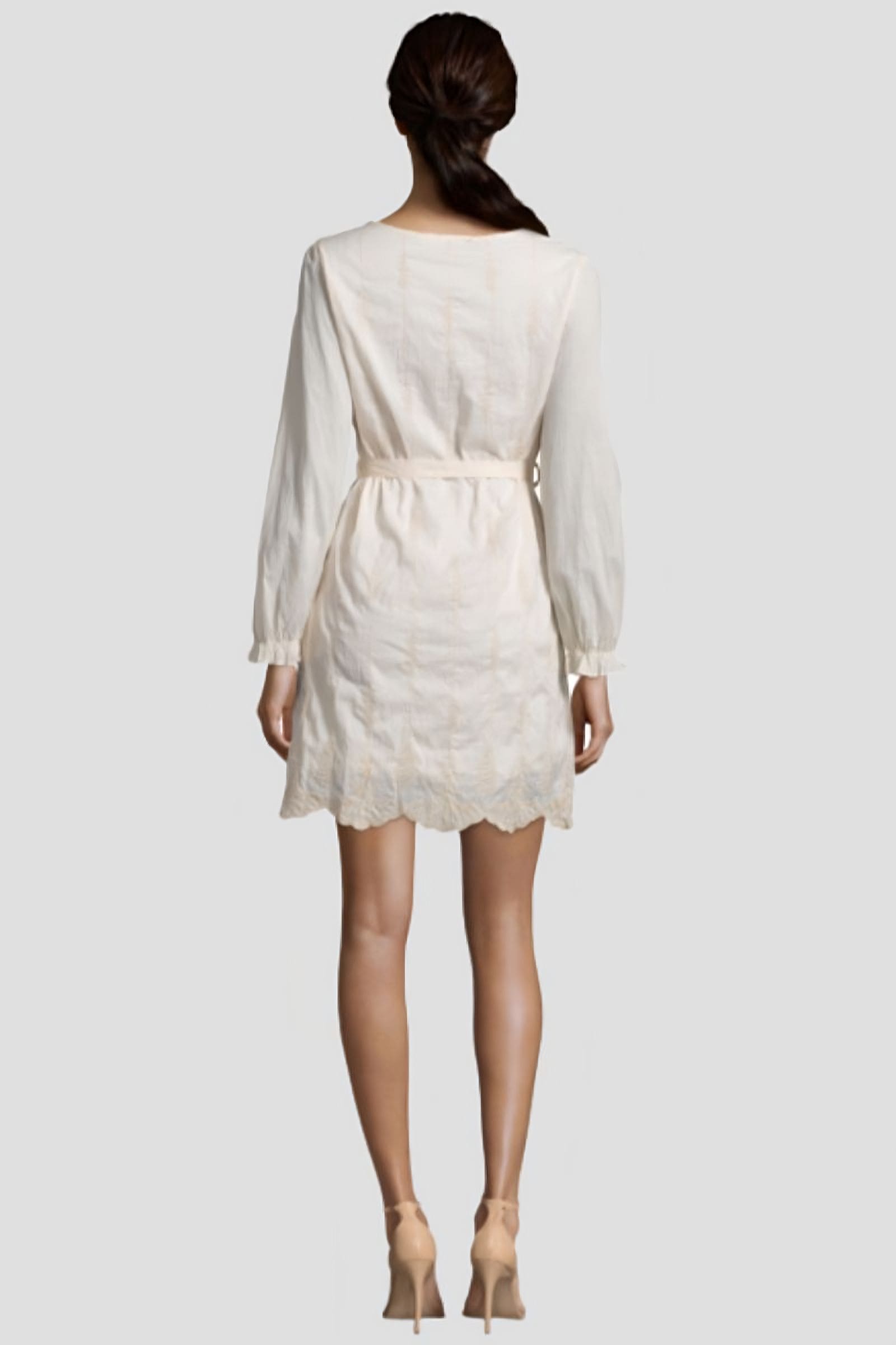 Vestido corto mujer, dress elegante, diseño bordado, manga larga, cintura ajustada con cinturón desmontable, cuello redondo, forro interior, estilo femenino, color beige, talla S, cómodo y versátil ✅Entrega 24/48h