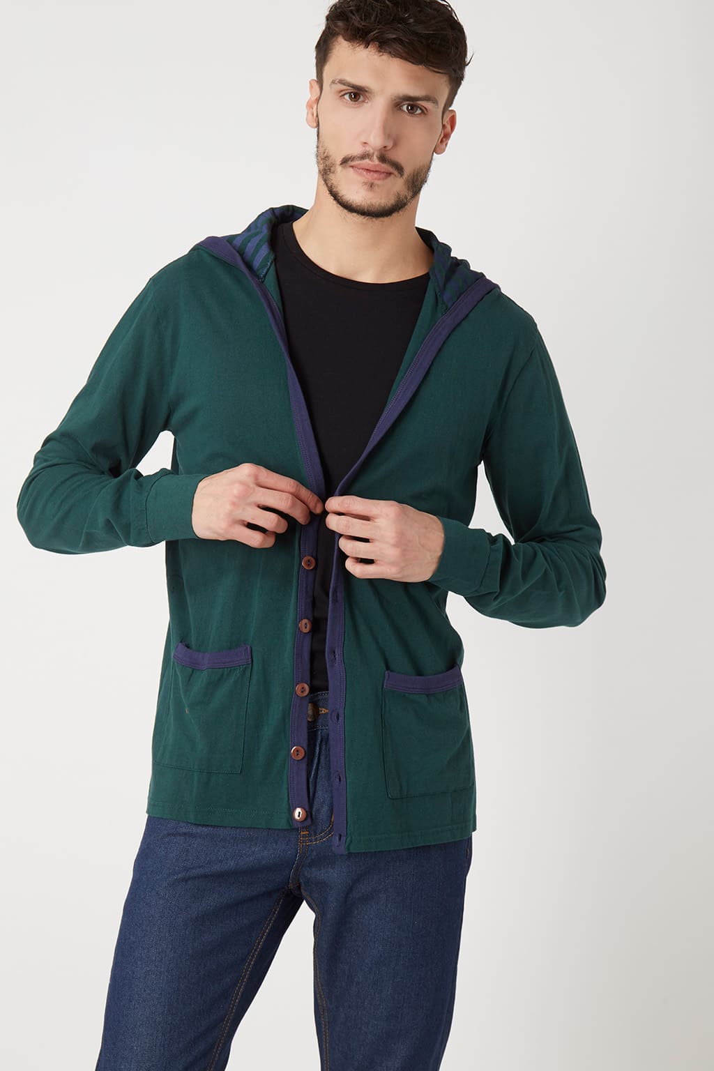 Cardigan sudadera hombre capucha interior rayas bolsillos delanteros cierre botones algodón corte regular manga larga color verde talla L cómodo versátil casual urbana ✅Entrega 24/48h