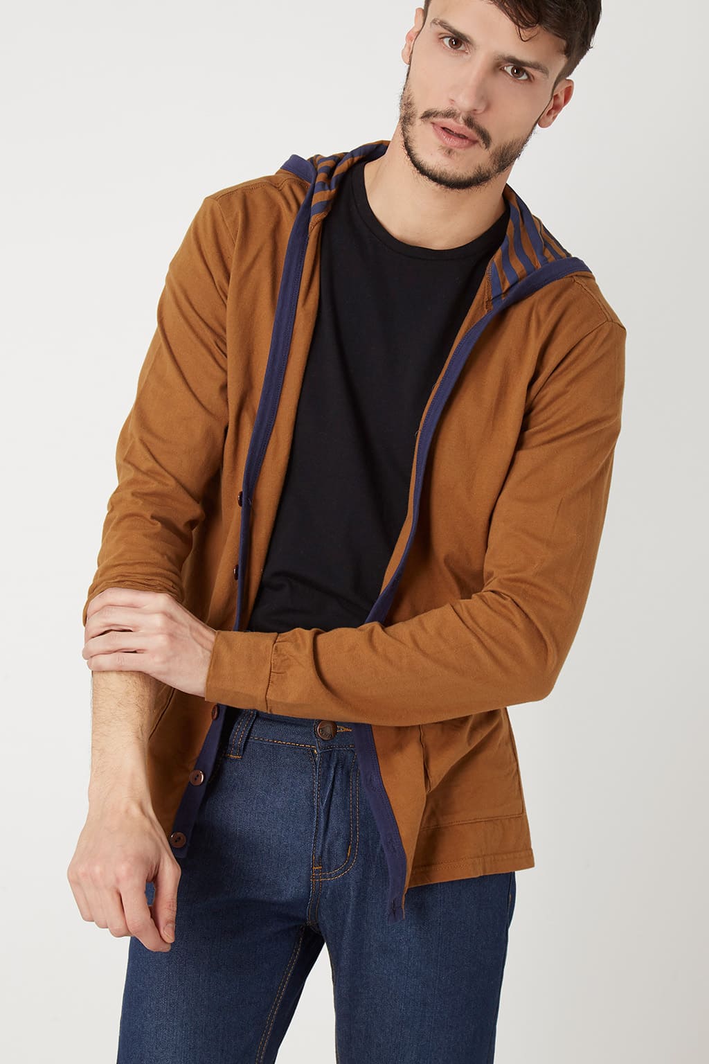 Cárdigan hombre, jersey abierto, chaqueta ligera algodón, capucha estampada rayas, bolsillos prácticos, cierre botones, manga larga, contrastes azul, color marrón, talla L, cómodo y versátil ✅Entrega 24/48h