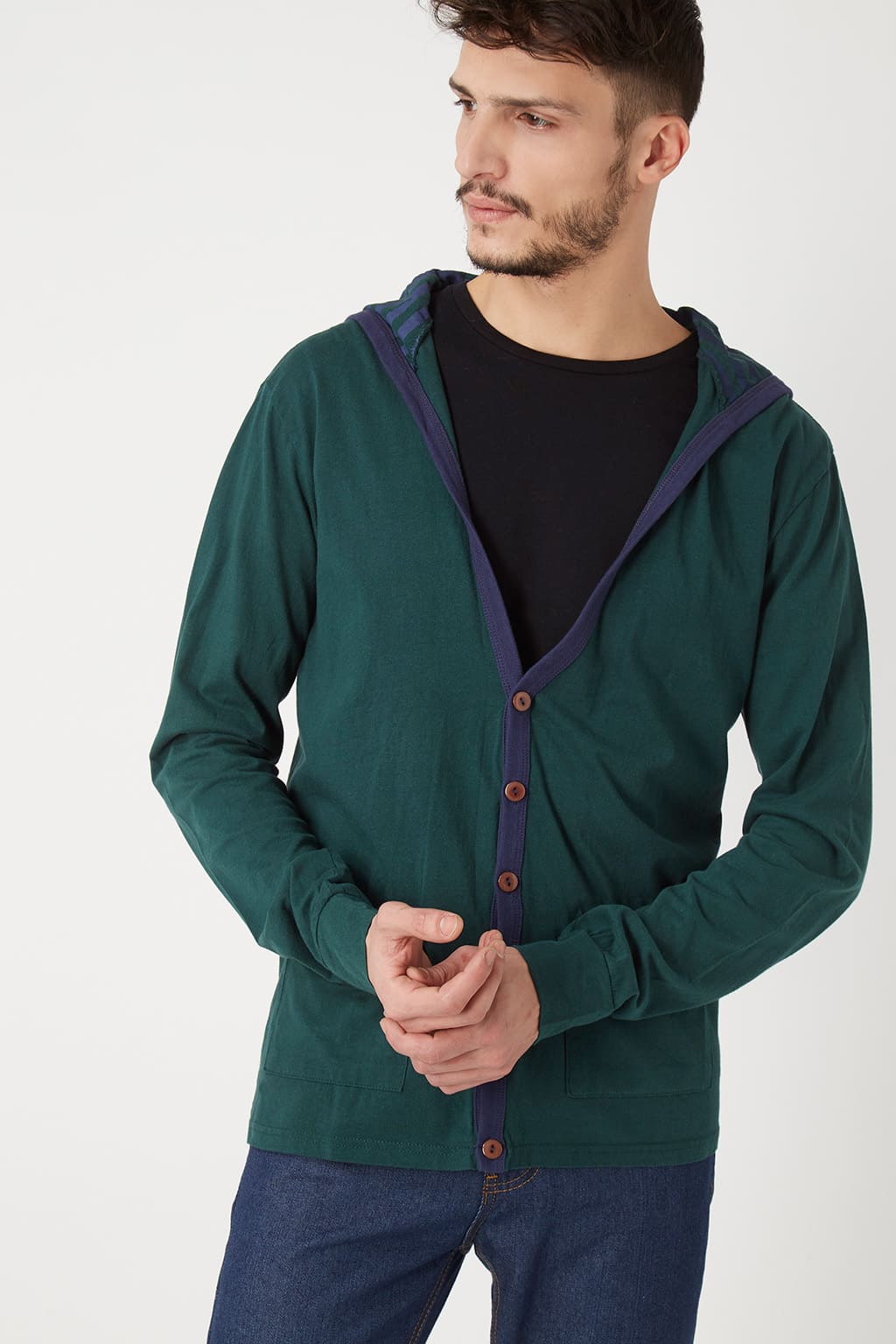 Cardigan sudadera hombre capucha interior rayas bolsillos delanteros cierre botones algodón corte regular manga larga color verde talla L cómodo versátil casual urbana ✅Entrega 24/48h