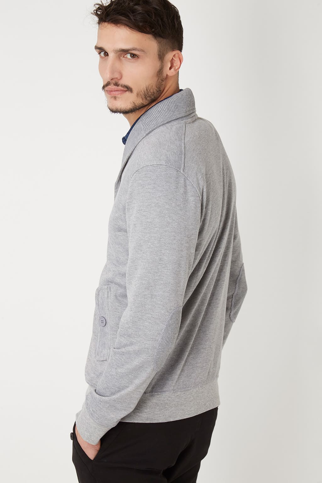 Chaqueta hombre cardigan casual algodón suave estilo chal manga larga coderas bolsillos solapa botones cierre cómodo versátil color gris claro talla L ✅Entrega 24/48h