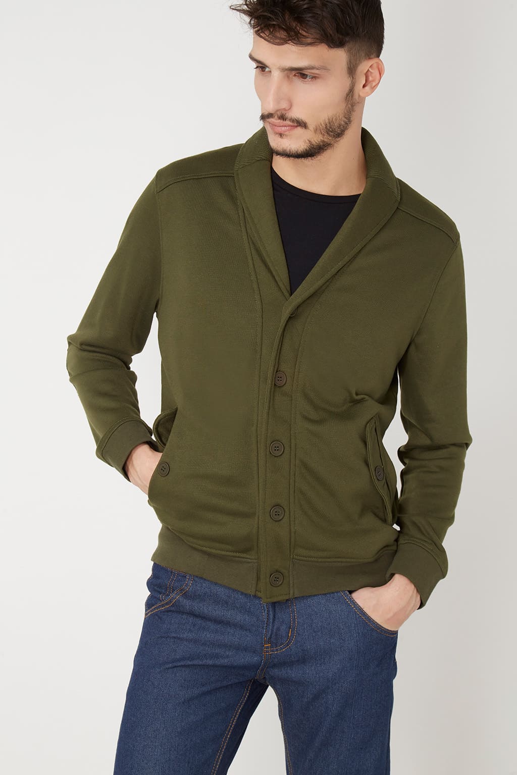 Cardigan mujer chaqueta manga larga sport casual cuello chal coderas bolsillos solapa cierre botones modelo WY68210 caqui talla L versátil cómodo ideal entretiempo ✅Entrega 24/48h