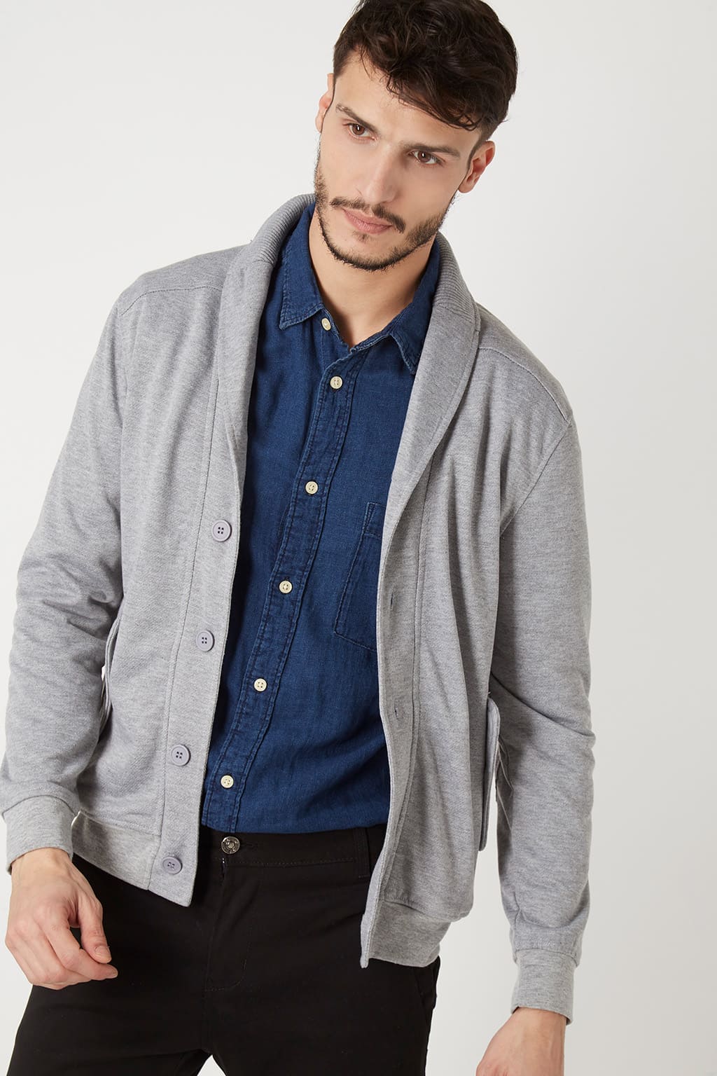Chaqueta hombre cardigan casual algodón suave estilo chal manga larga coderas bolsillos solapa botones cierre cómodo versátil color gris claro talla L ✅Entrega 24/48h