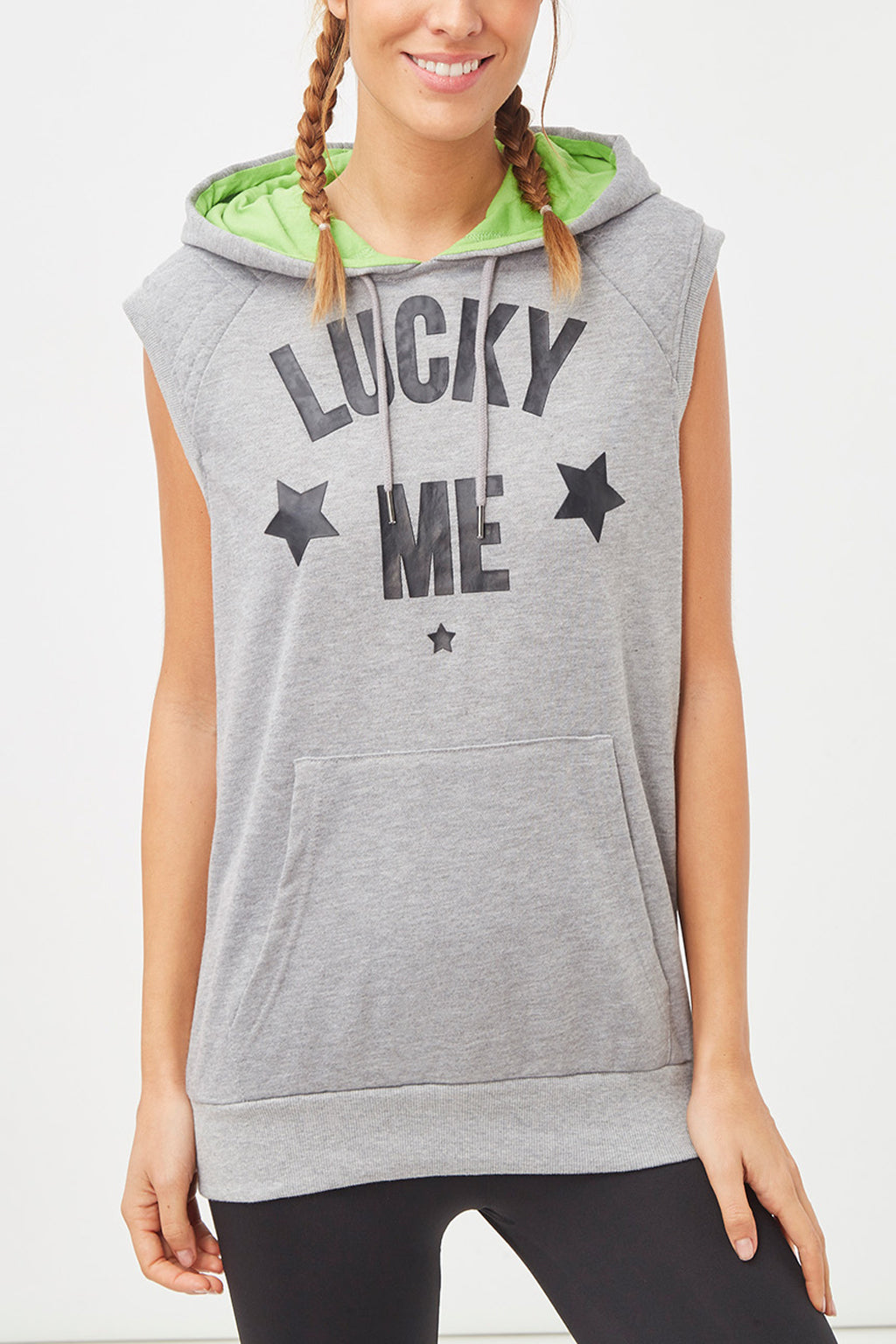 Sudadera sin mangas mujer, hoodie deportiva, capucha ajustable interior verde, diseño decorativo frontal Lucky Me, bolsillo tipo canguro, acabados canalé, cómoda, versátil, gris, talla L ✅Entrega 24/48h