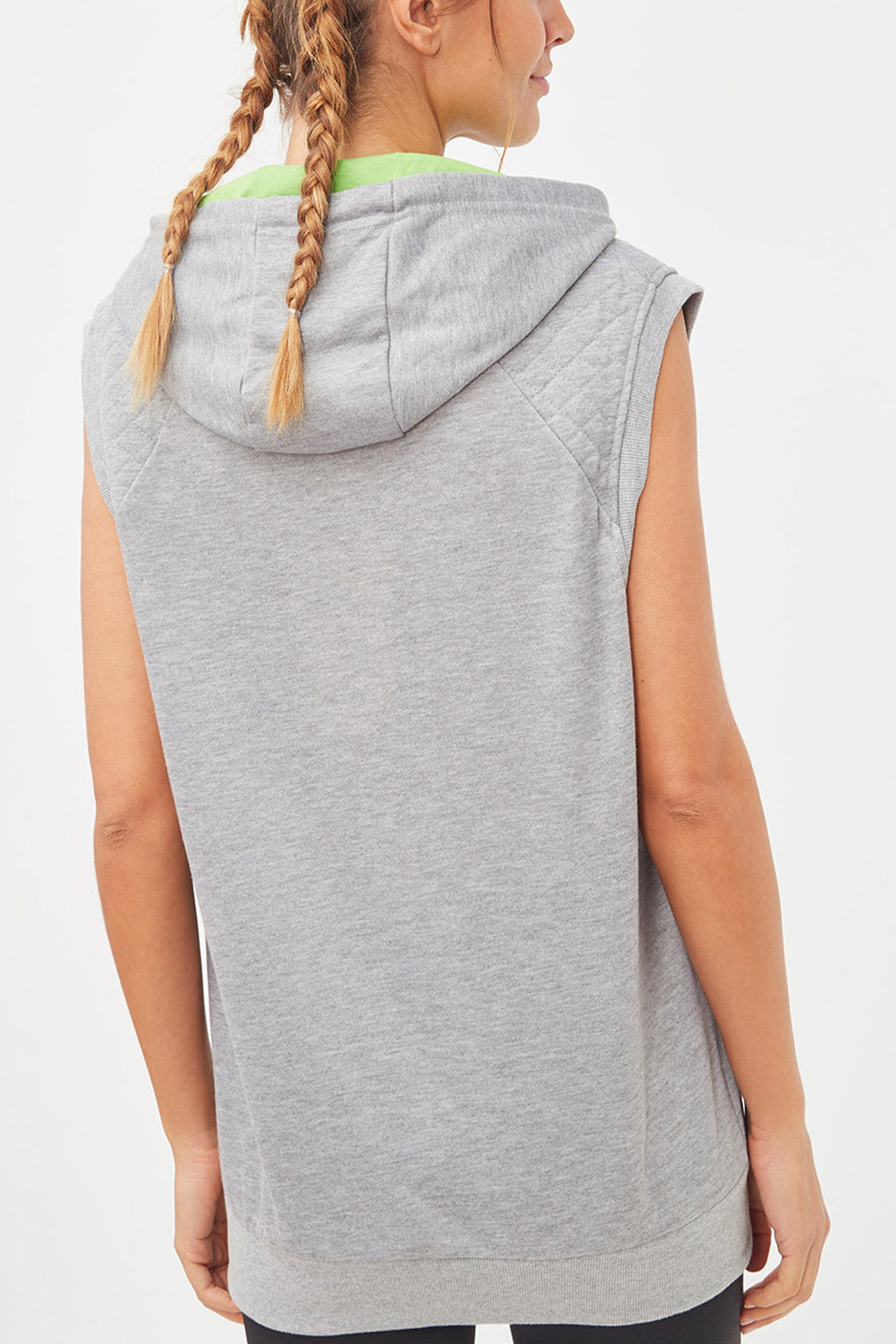 Sudadera sin mangas mujer, hoodie deportiva, capucha ajustable interior verde, diseño decorativo frontal Lucky Me, bolsillo tipo canguro, acabados canalé, cómoda, versátil, gris, talla L ✅Entrega 24/48h