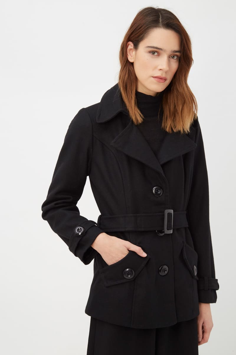 Abrigo corto mujer, chaqueta abrigo elegante, textura suave, cinturón ajustable, corte clásico, color negro, talla 36, sofisticado para invierno, ideal oficina y urbano, realza la figura, cómodo, versátil, ✅Entrega 24/48h