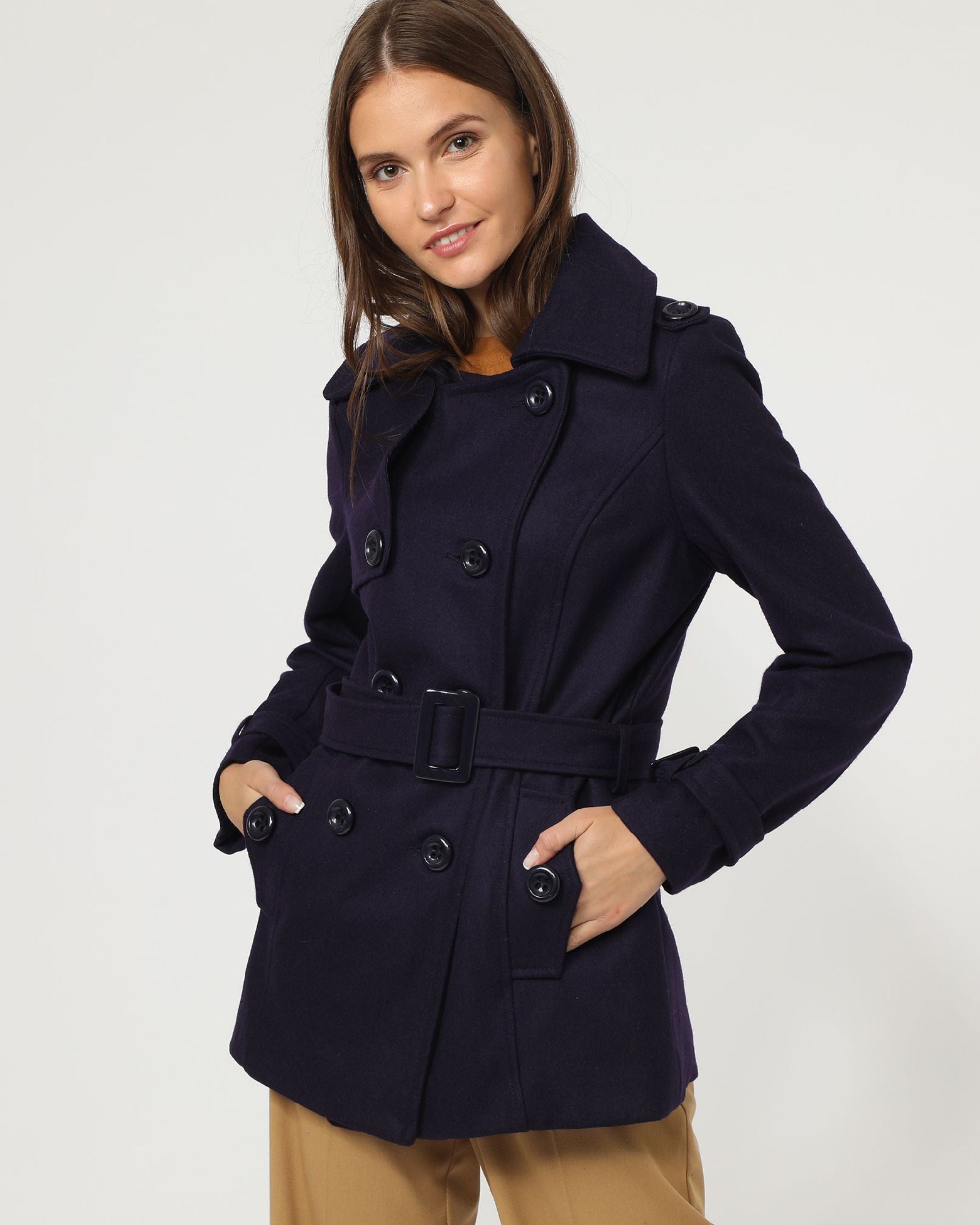 Abrigo mujer paño, chaqueta elegante doble botonadura, cinturón extraíble, manga larga, cuello solapa, forro interior, talla 36, azul marino, ideal otoño e invierno, versátil casual o formal, cómodo ✅Entrega 24/48h