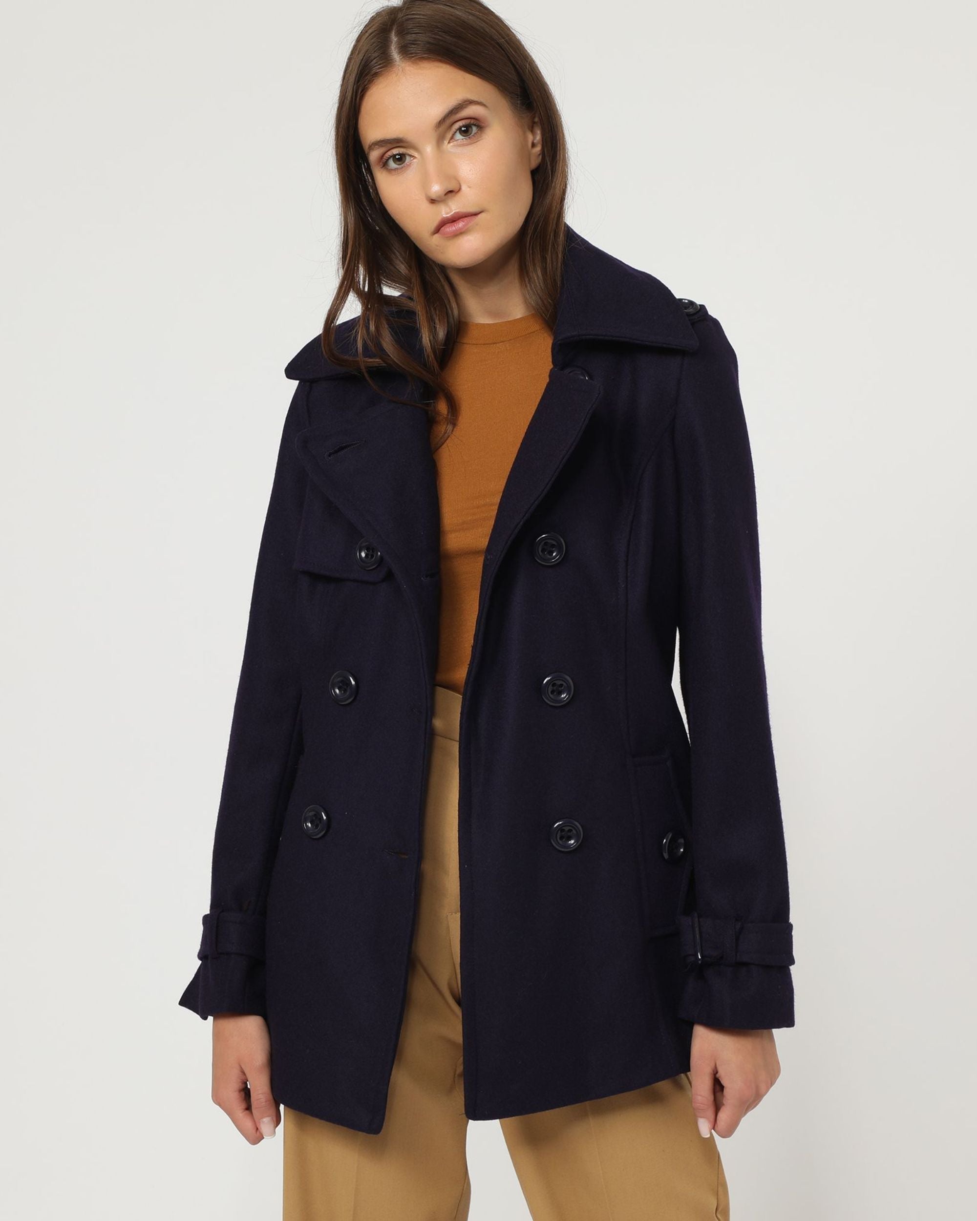 Abrigo mujer paño, chaqueta elegante doble botonadura, cinturón extraíble, manga larga, cuello solapa, forro interior, talla 36, azul marino, ideal otoño e invierno, versátil casual o formal, cómodo ✅Entrega 24/48h