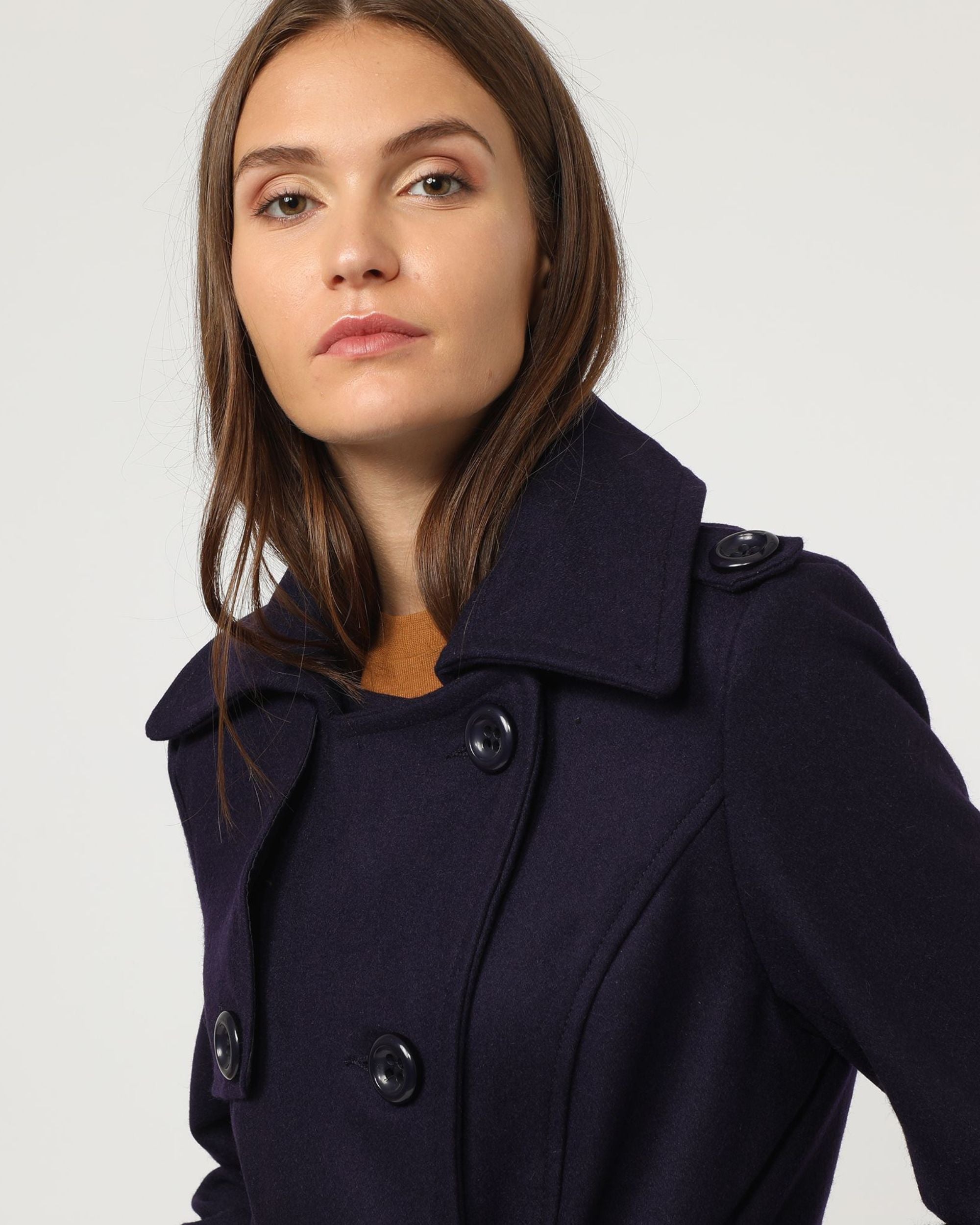 Abrigo mujer paño, chaqueta elegante doble botonadura, cinturón extraíble, manga larga, cuello solapa, forro interior, talla 36, azul marino, ideal otoño e invierno, versátil casual o formal, cómodo ✅Entrega 24/48h
