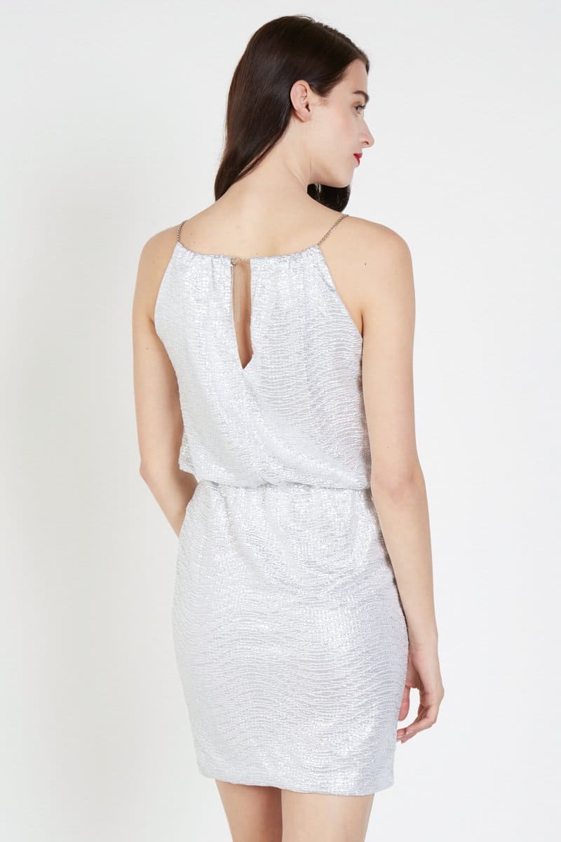 Vestido corto mujer, dress brillante plateado tirantes finos cadena, corte recto, estilo elegante, tejido efecto metálico, ideal noche, sofisticado, talla S, cómodo y actual, look fiesta joven, envío rápido ✅Entrega 24/48h