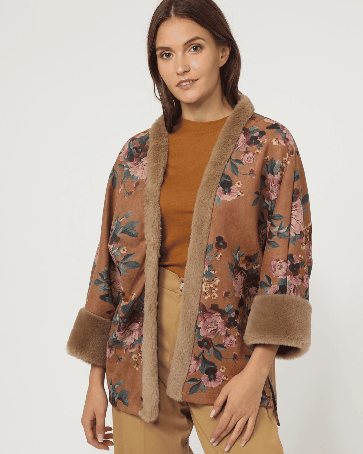 Poncho mujer capa chaqueta abrigo efecto ante, diseño floral, ribetes piel sintética, cuello redondo, corte relajado, color marrón, talla única, elegante y versátil ideal entretiempo ✅Entrega 24/48h