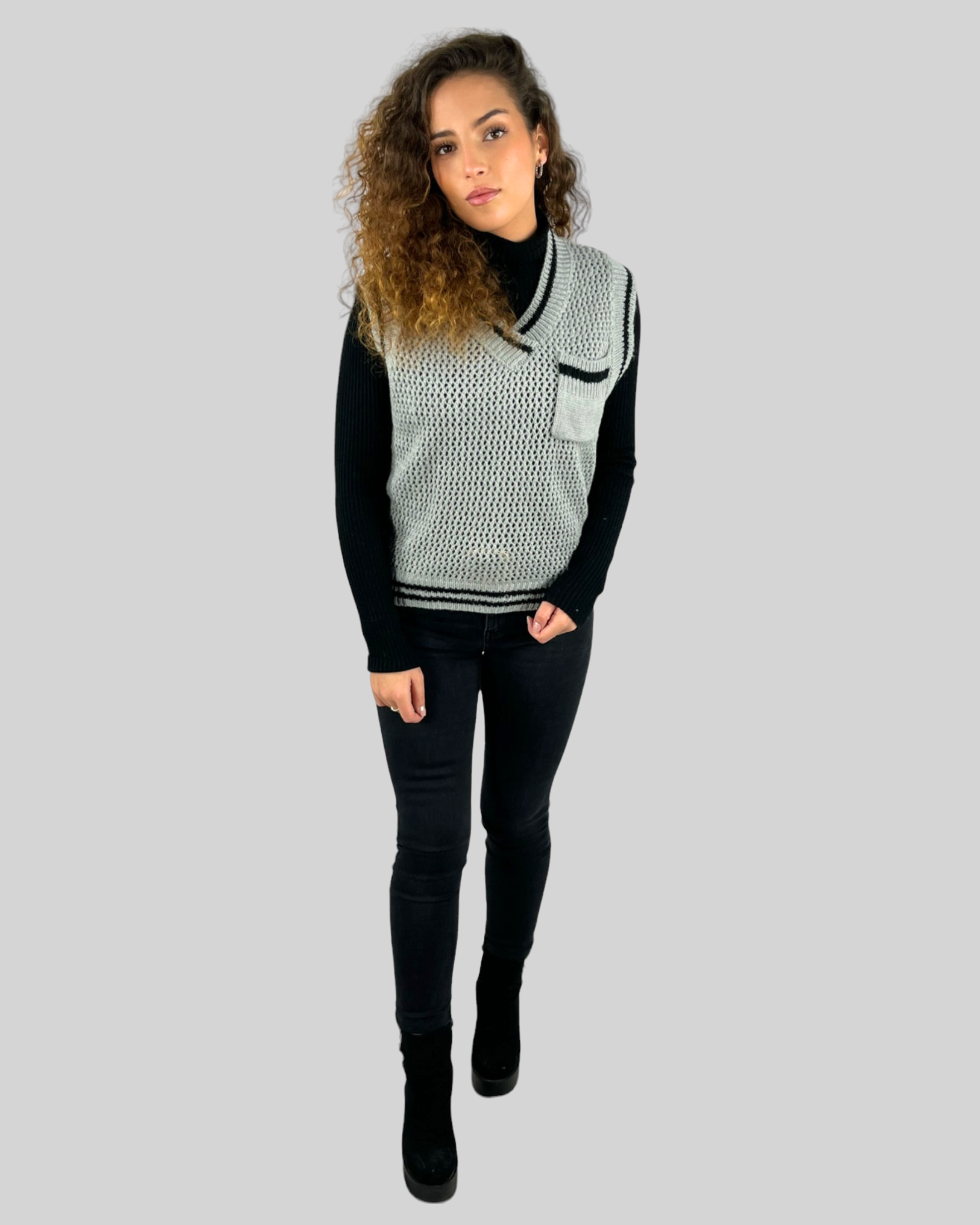 Chaleco mujer punto, jersey sin mangas, diseño calado, cuello redondo, escote pico, bolsillo contraste, moda versátil cómoda elegante, talla única, gris claro oscuro ✅Entrega 24/48h