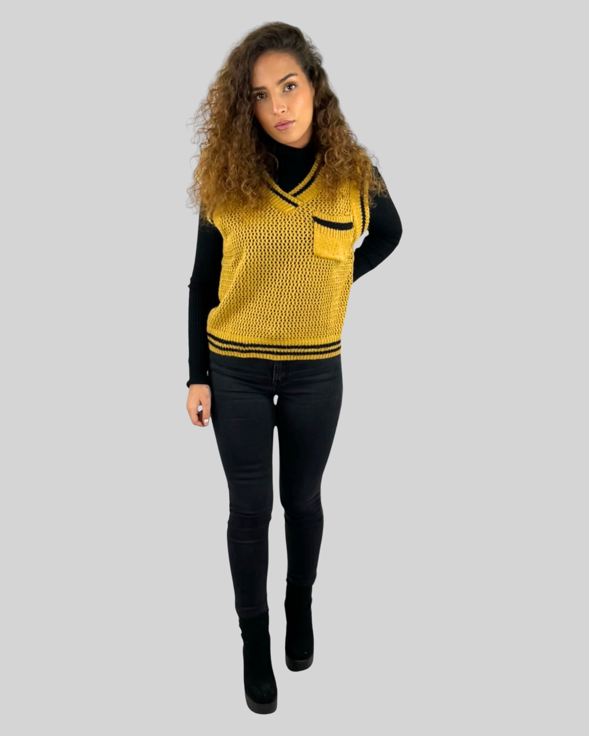 Chaleco punto mujer, sweater, jersey sin mangas, calado mezcla lana, escote pico, cuello redondo, detalle contraste, bolsillo, cómodo, versátil, único, amarillo/negro, talla única ✅Entrega 24/48h