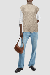 Chaleco punto mujer, suéter sin mangas, bordado, cuello alto, tejido grueso, corte recto, beige, talla única, moda versátil y cálida, ideal capas, look casual elegante, otoño/invierno ✅Entrega 24/48h