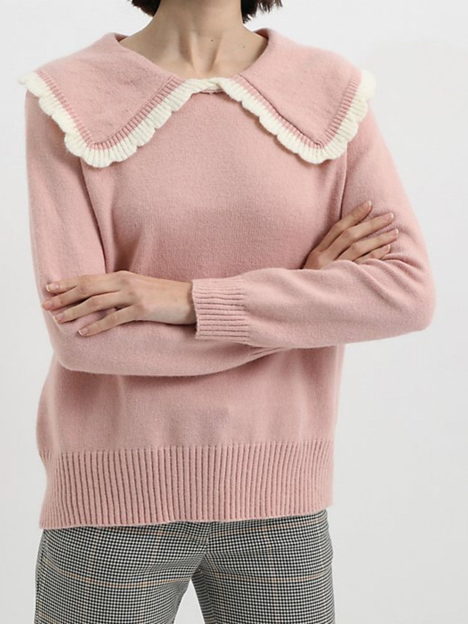 Suéter mujer jersey cuello babero baby doll encaje elegante lana mezcla diseño recto manga larga hombro caído terminaciones canalé rosa talla única cómodo versátil sofisticado ✅Entrega 24/48h