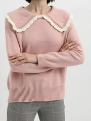 Suéter mujer jersey cuello babero baby doll encaje elegante lana mezcla diseño recto manga larga hombro caído terminaciones canalé rosa talla única cómodo versátil sofisticado ✅Entrega 24/48h