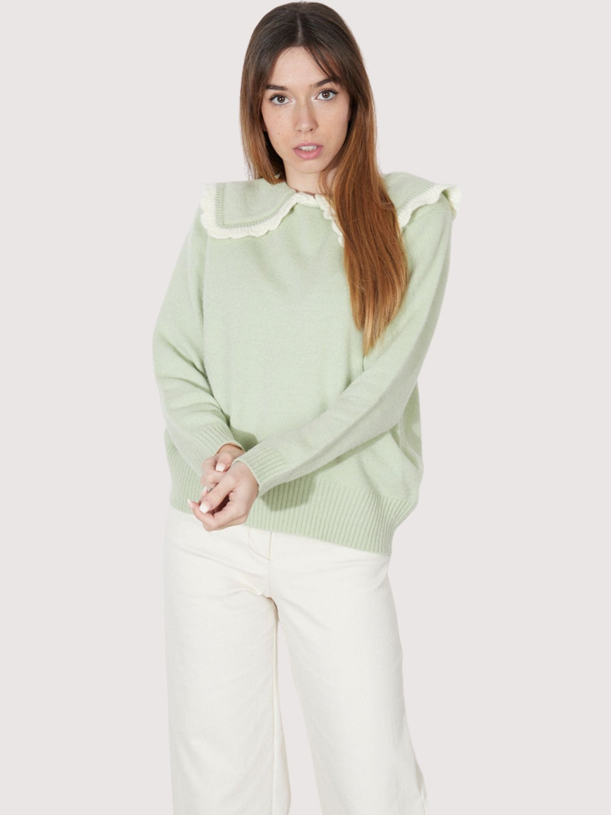 Suéter mujer jersey cuello babero baby doll volantes punto mezcla lana corte recto manga larga hombro caído terminaciones canalé estilo moderno casual color verde talla única ✅Entrega 24/48h