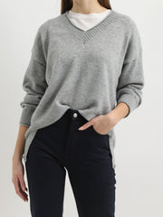 Jersey mujer punto, suéter cuello pico, hombro caído, lana mixta, corte oversize, manga larga, gris, suave, cómodo, versátil, talla única, remates canalé, ideal otoño/invierno, ✅Entrega 24/48h