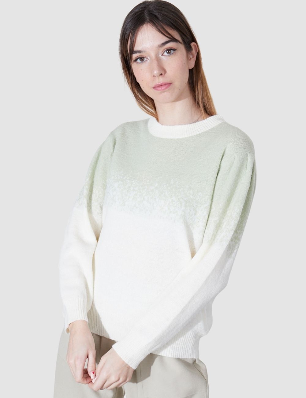 Jersey mujer punto y sudadera, manga larga, cuello redondo, canalé, cómodo y cálido, diseño estampado degradado, estilo casual, color blanco verde claro, talla única, ideal entretiempo ✅Entrega 24/48h