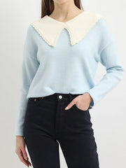 Suéter jersey lana mixta cuello baby doll diseño moderno manga larga hombro caído tejido suave estilo femenino color azul pastel talla única cómodo versátil elegante ✅Entrega 24/48h
