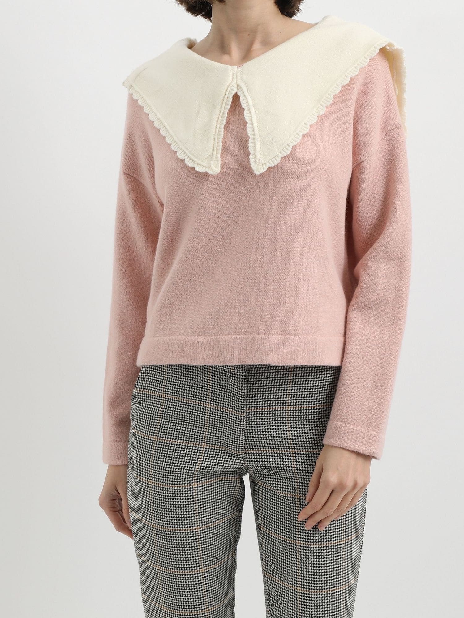 Suéter punto baby doll, jersey lana mixta, cuello maxi romántico, manga larga, hombro caído, suave, ligero, rosa pastel, look casual u oficina, talla única, ideal combinar faldas o pantalones ✅Entrega 24/48h