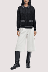 Jersey mujer punto ochos, sweater lana mixta, manga larga, bolsillos delanteros, cuello redondo, diseño recto, detalles en contraste, estilo casual, talla única, color negro ✅Entrega 24/48h