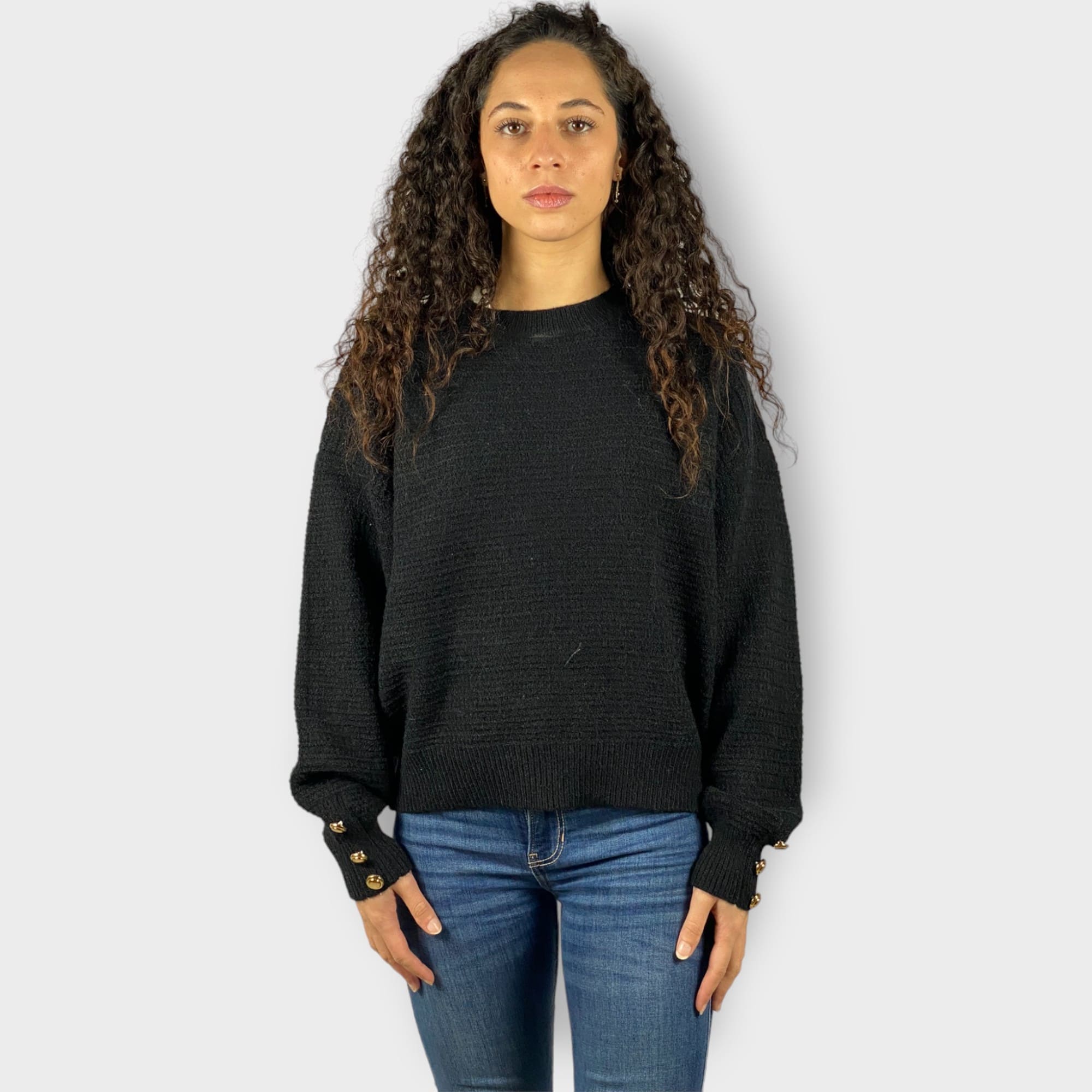 Jersey mujer punto textura sweater suéter modelo amplio manga larga botones decorativos cuello redondo canalé color negro talla única cómodo versátil moda otoño invierno ✅Entrega 24/48h