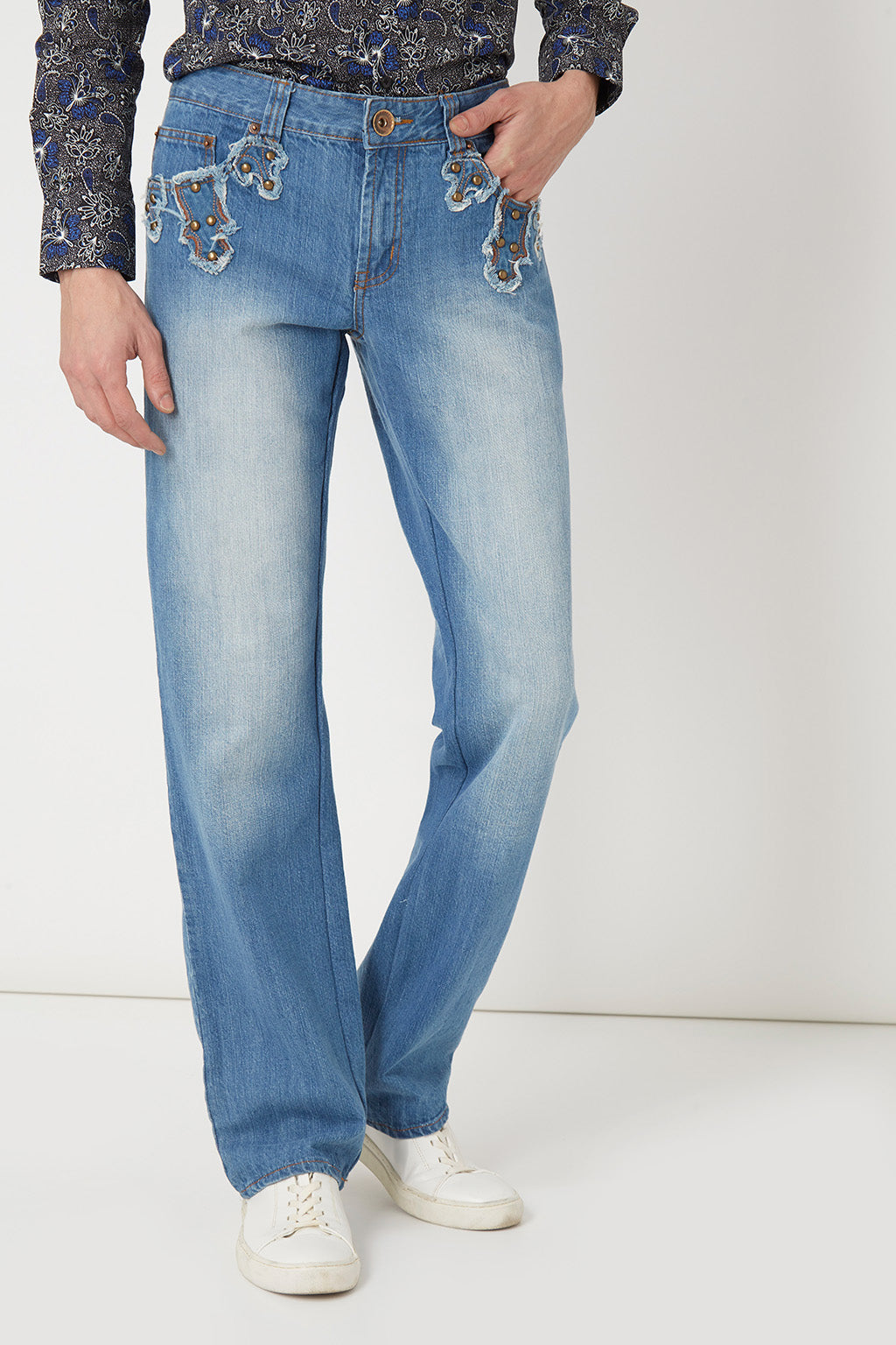 Jeans mujer bordados blue jeans denim tiro medio pantalón casual urbano bolsillos delanteros originales corte recto cómodo versátil tendencia talla L azul claro ✅Entrega 24/48h